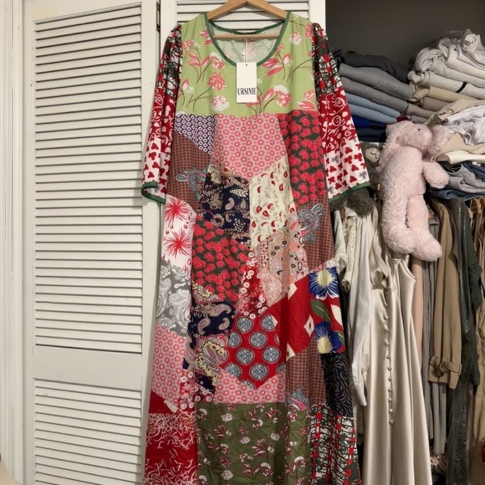 URSIME Patchwork Boho Midi Dress | Multicolor | One Size | NWT